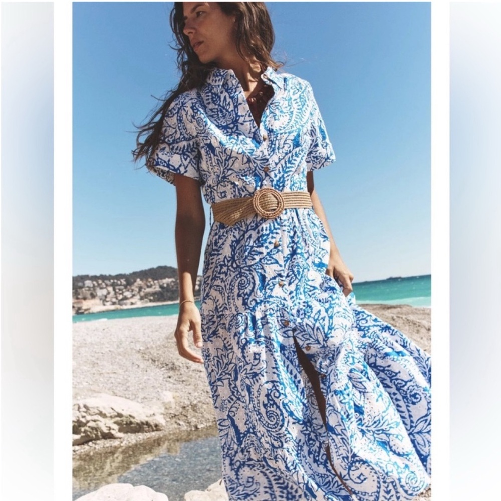 NWT Zara Blue and White Paisley floral Eyelet Belted Shirt Midi Dress L